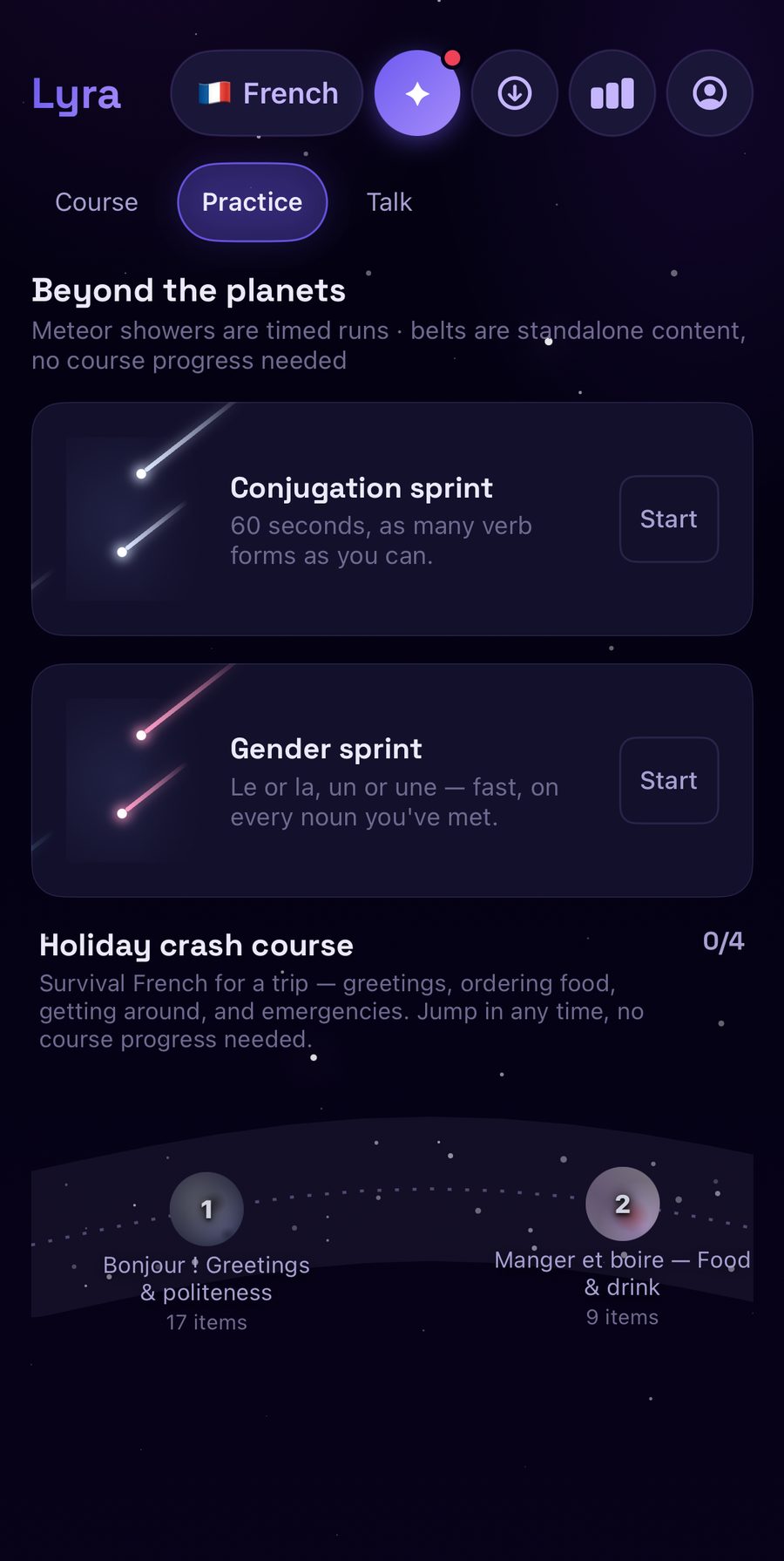 Lyra's practice tab, 'Beyond the planets': timed drills called Conjugation sprint and Gender sprint presented as meteor showers, and a 'Holiday crash course' asteroid belt of standalone topics like greetings and ordering food, each with an item count