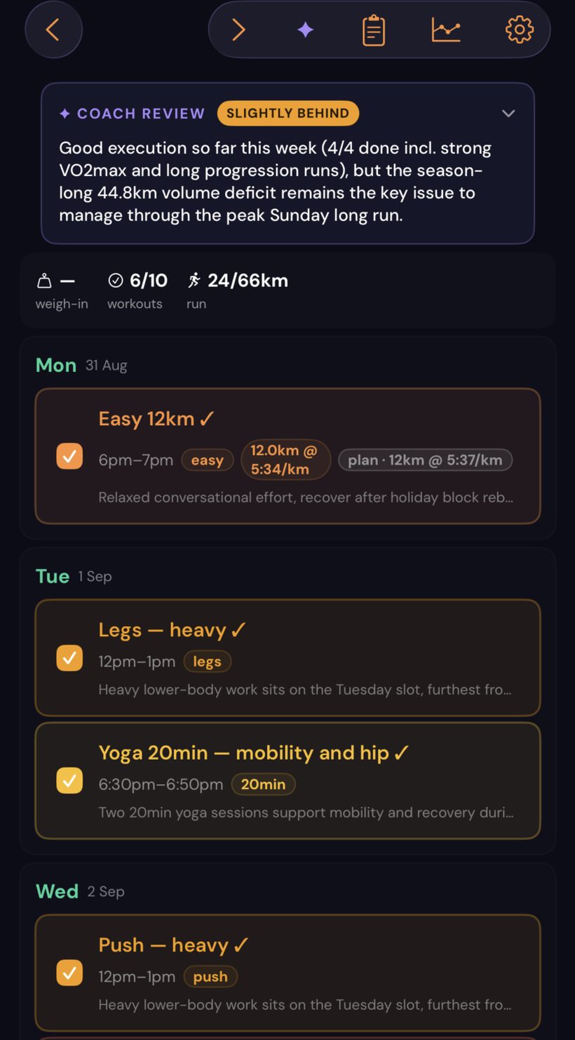 Vega's week view on iOS: a coach review verdict of 'slightly behind' with a paragraph of reasoning, a weigh-in and volume summary strip, then each day's sessions with planned and actual pace side by side